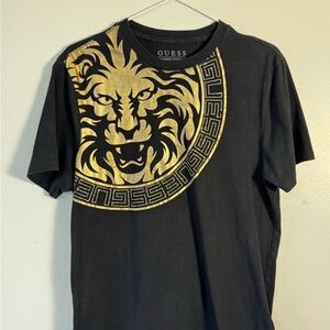 Guess Black Short Sleeve Tee with Metallic Gold Lion Motif